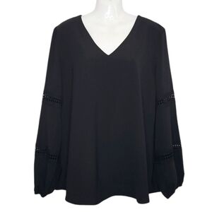 New Elegant Black V-Neck  Peasant Top Crochet Insert Boho Long Sleeve Size XL
